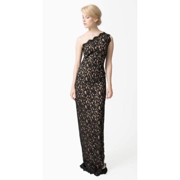 Tadashi Shoji Dress Black Lace Bodycon One Shoulder Size 4 Evening Gown - Picture 1 of 12